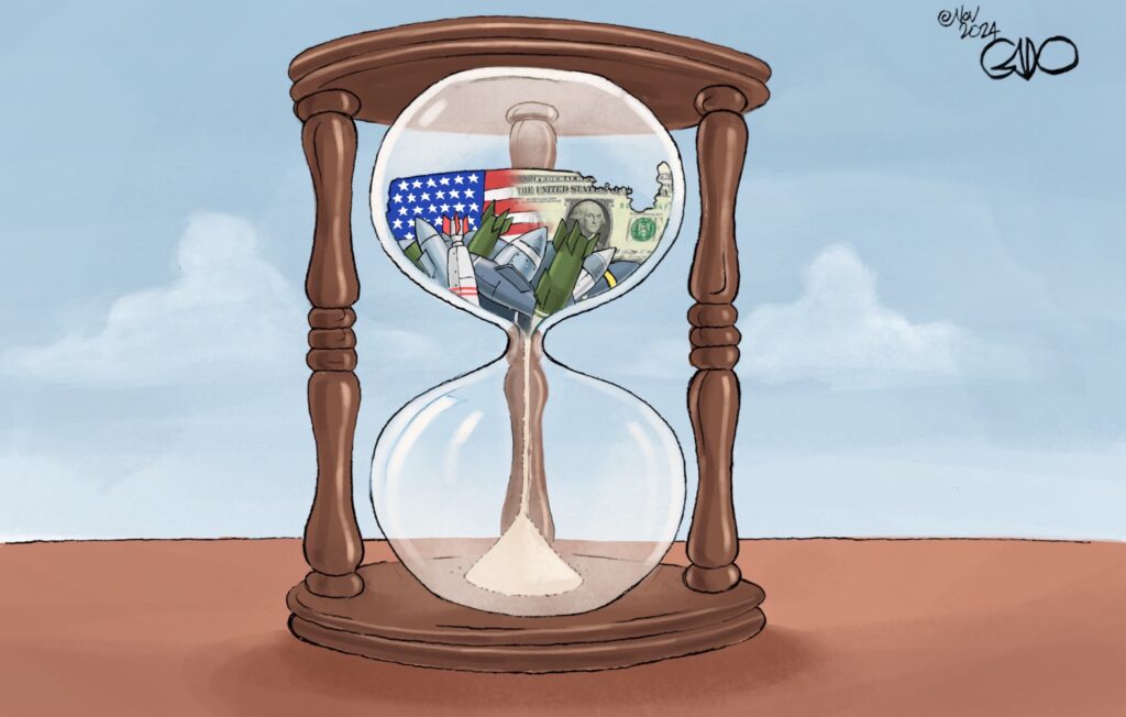 An illustration by Gado of an hourglass with the United States of America, the U.S. dollar, and bombs inside of it.