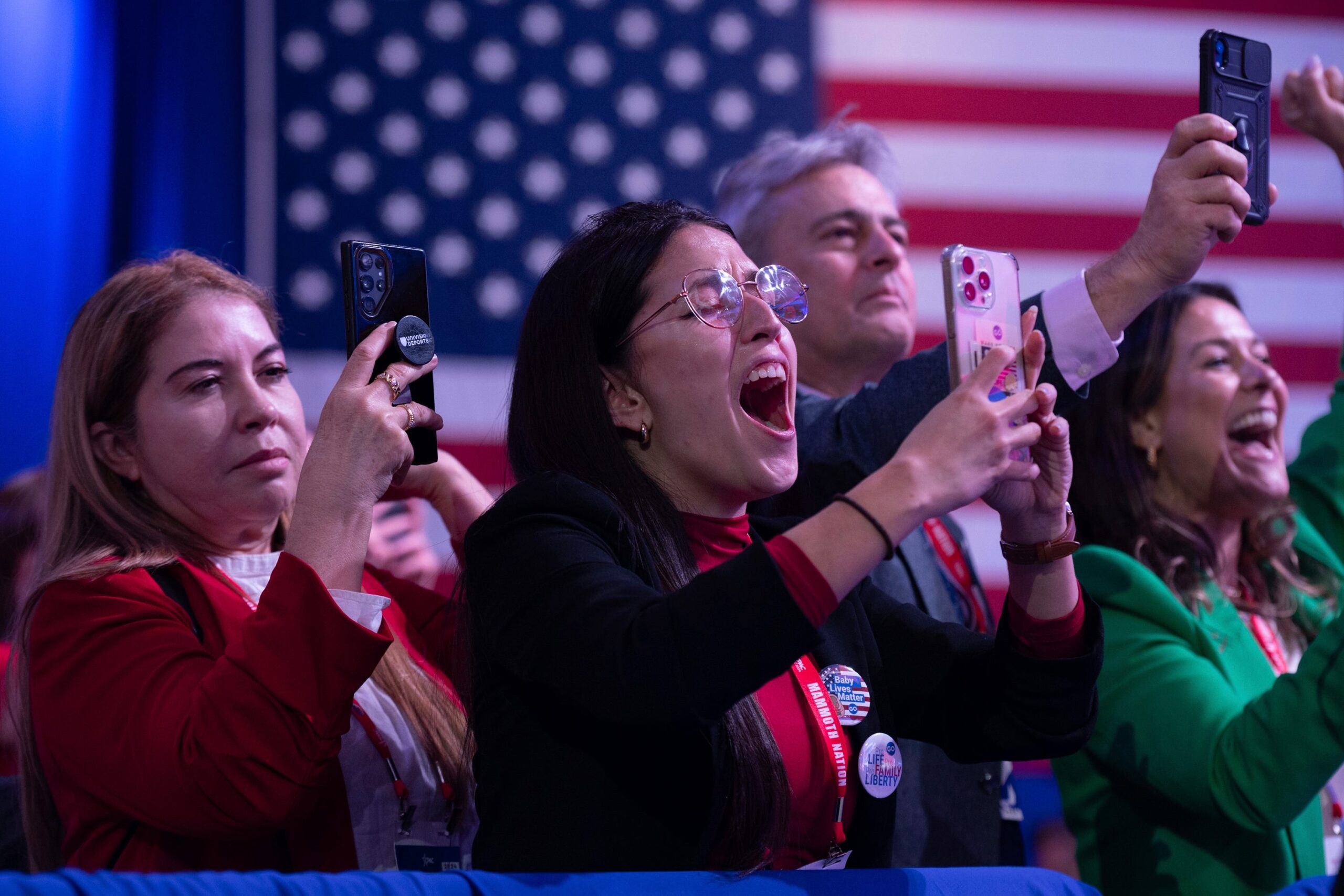 Attendees react to a speech by Javier Milei, the President of Argentina, at the Conservative Political Action Conference (CPAC) in Maryland on February 24, 2024. © Zach D. Roberts/NurPhoto/AP