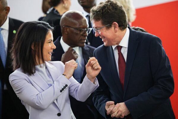 German Foreign Minister Annalena Baerbock jests with Albert Rösti, Switzerland's Energy Minister in Berlin on March 19, 2024. © Hannes P. Albert/dpa/Newscom