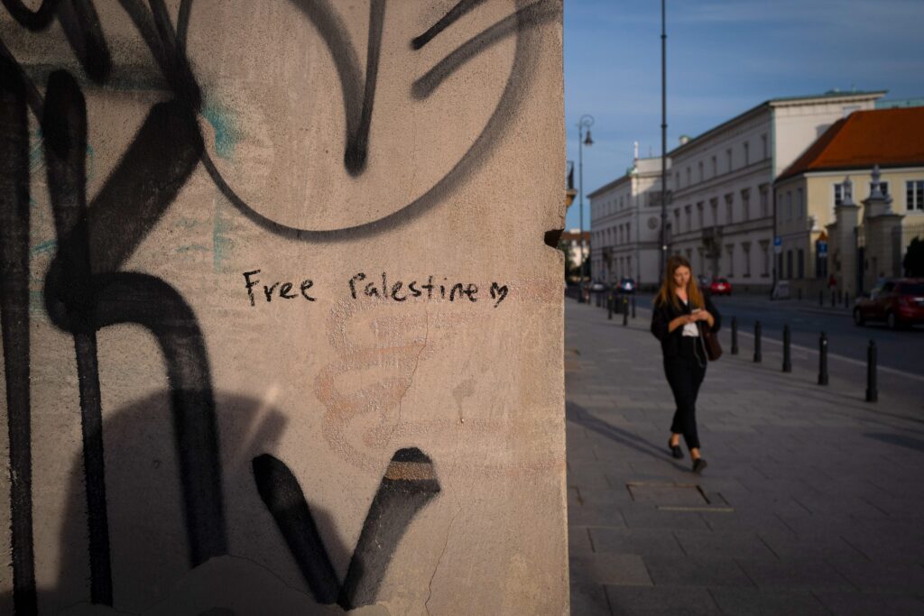 Graffiti with a message supporting Palestine is seen on a wall in Warsaw, Poland, on 15 June, 2024. © Jaap Arriens/SIpa USA/Newscom