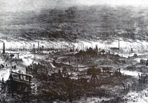 An engraving depicting Industrial Revolution coal mining and iron foundries in England. © Universal History Archive/Getty