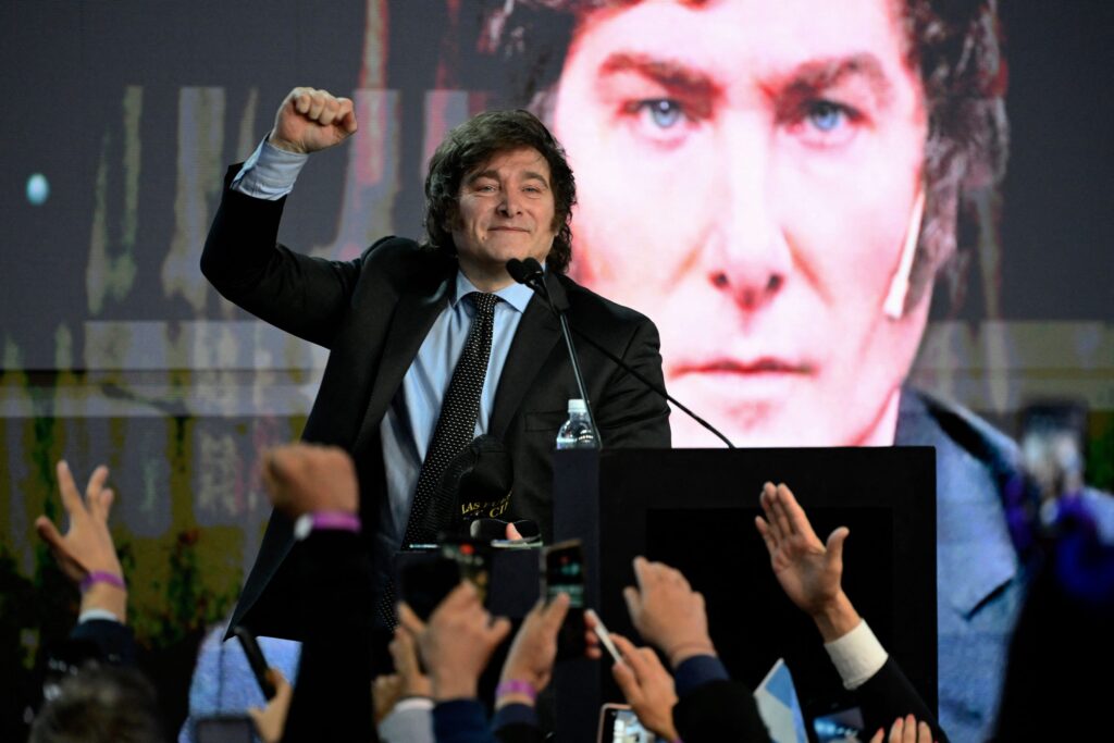 Javier Milei gestures during a campaign rally last year. © Luis Robayo/AFP/Getty